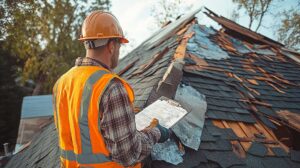 Homeowner photographing missing shingles and an interior ceiling leak after a storm